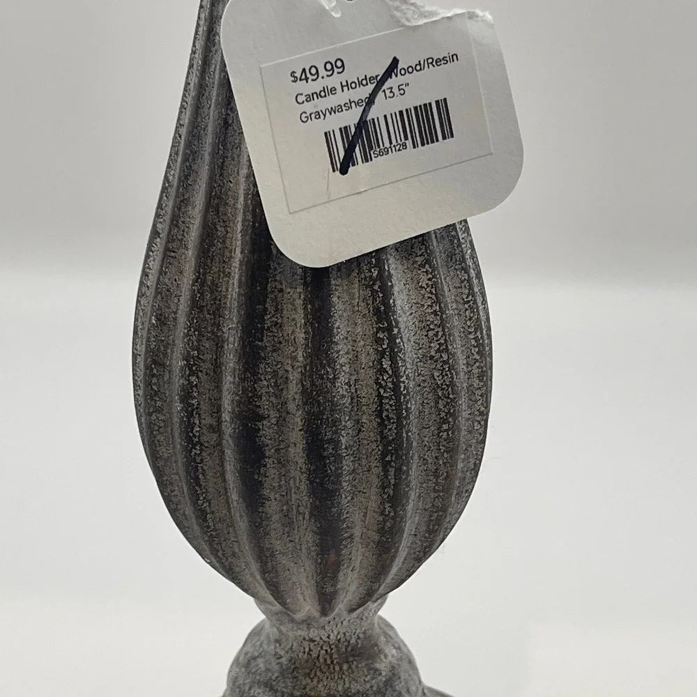 Graywashed Wood Resin Pillar Candle Holder 13.5 In. Rustic Farmhouse Candlestick